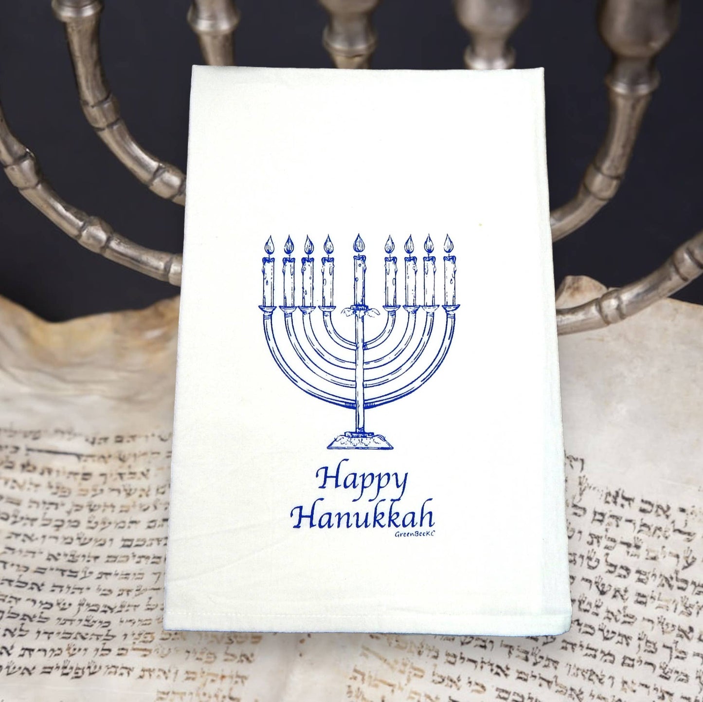 Happy Hanukkah Menorah Flour Sack Tea Towel