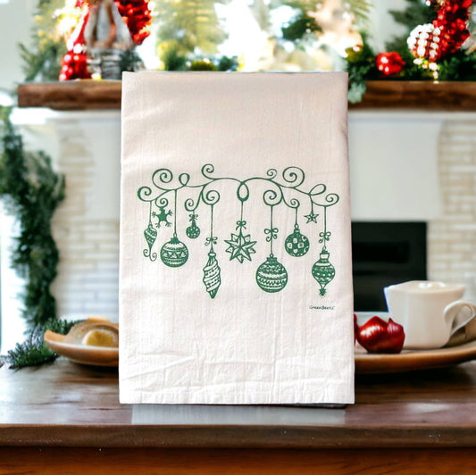 Vintage Ornaments Christmas Holiday Kitchen Tea Towel: Metallic Green