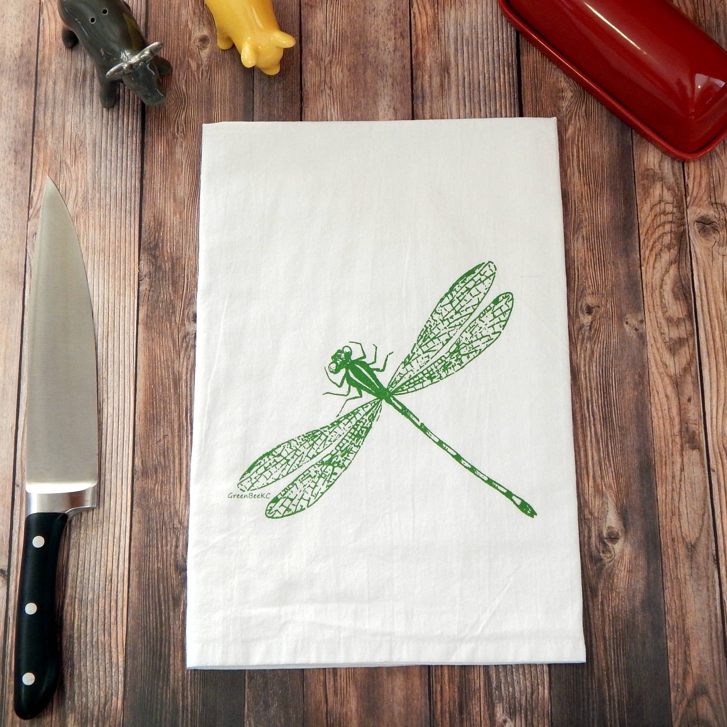 Dragonfly Flour Sack Kitchen Tea Towel: Green