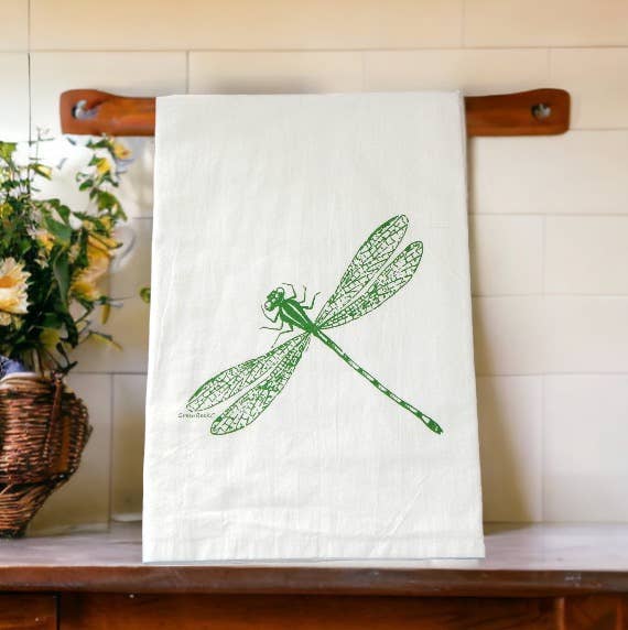 Dragonfly Flour Sack Kitchen Tea Towel: Green