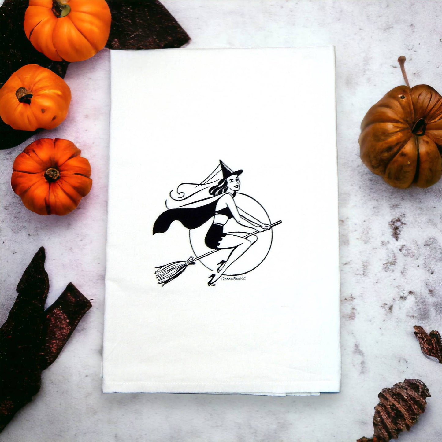 Witch Halloween Kitchen Tea Towel: Black
