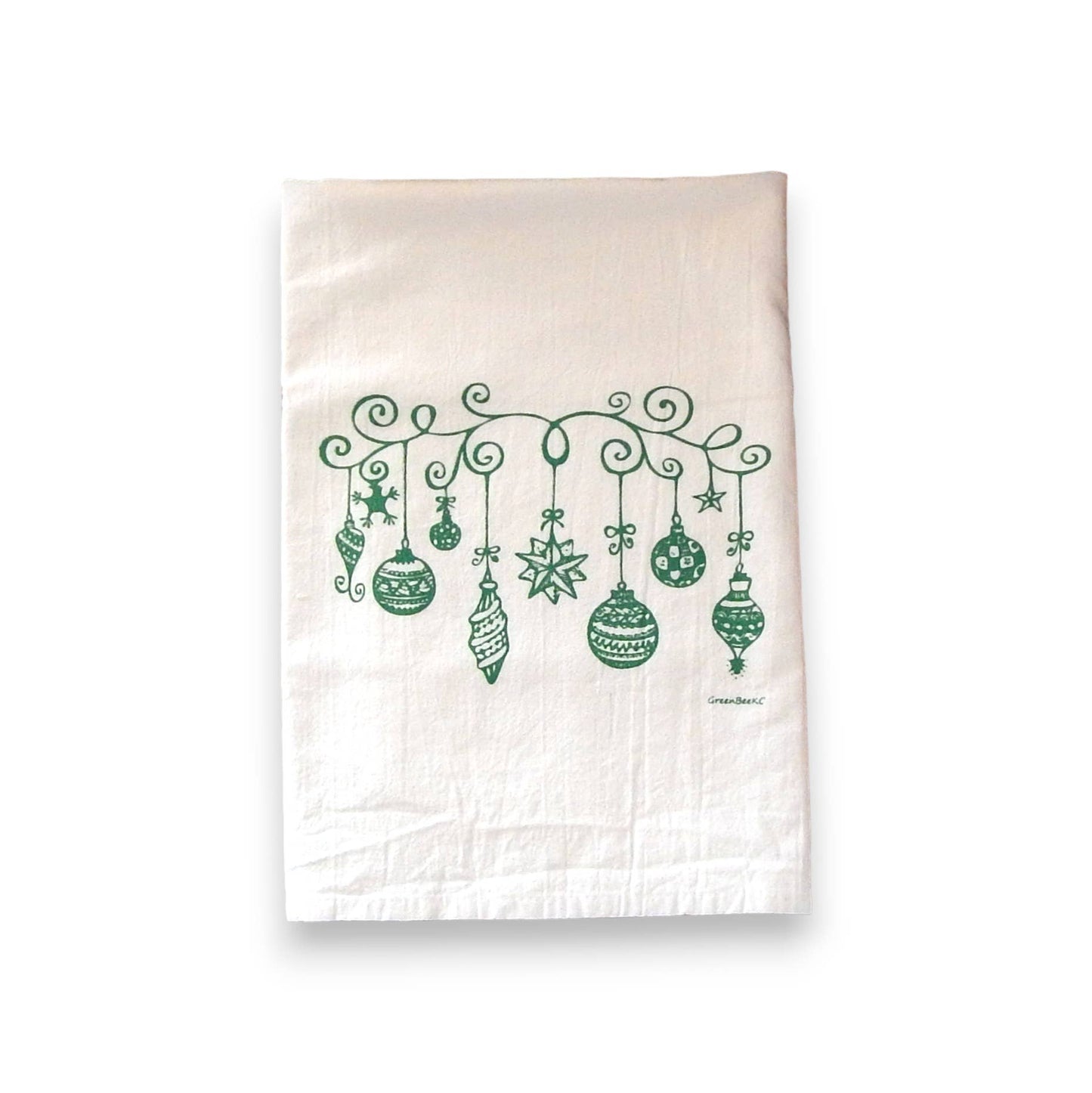 Vintage Ornaments Christmas Holiday Kitchen Tea Towel: Metallic Green